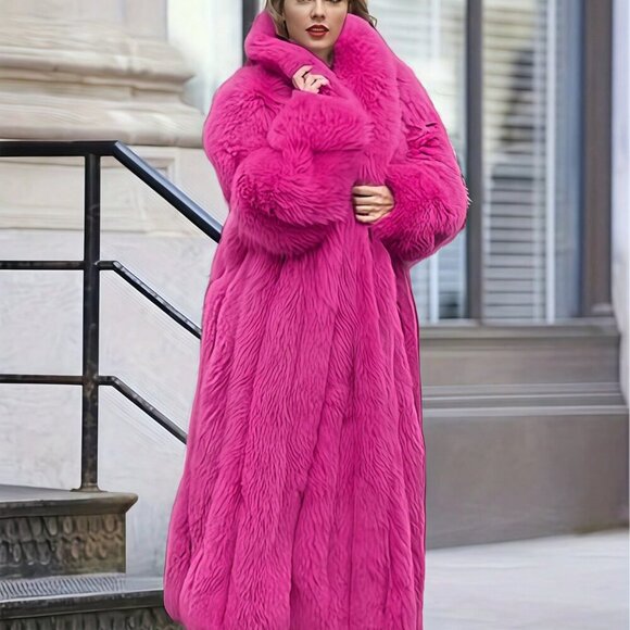 Fuchsia Women's Waterfall Neckline Long Faux Fur Coat - Picture 4 of 8
